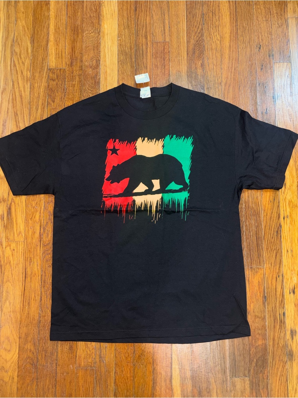 Men's Black Short-Sleeve Graphic Tee with Red, Yellow & Green Accent